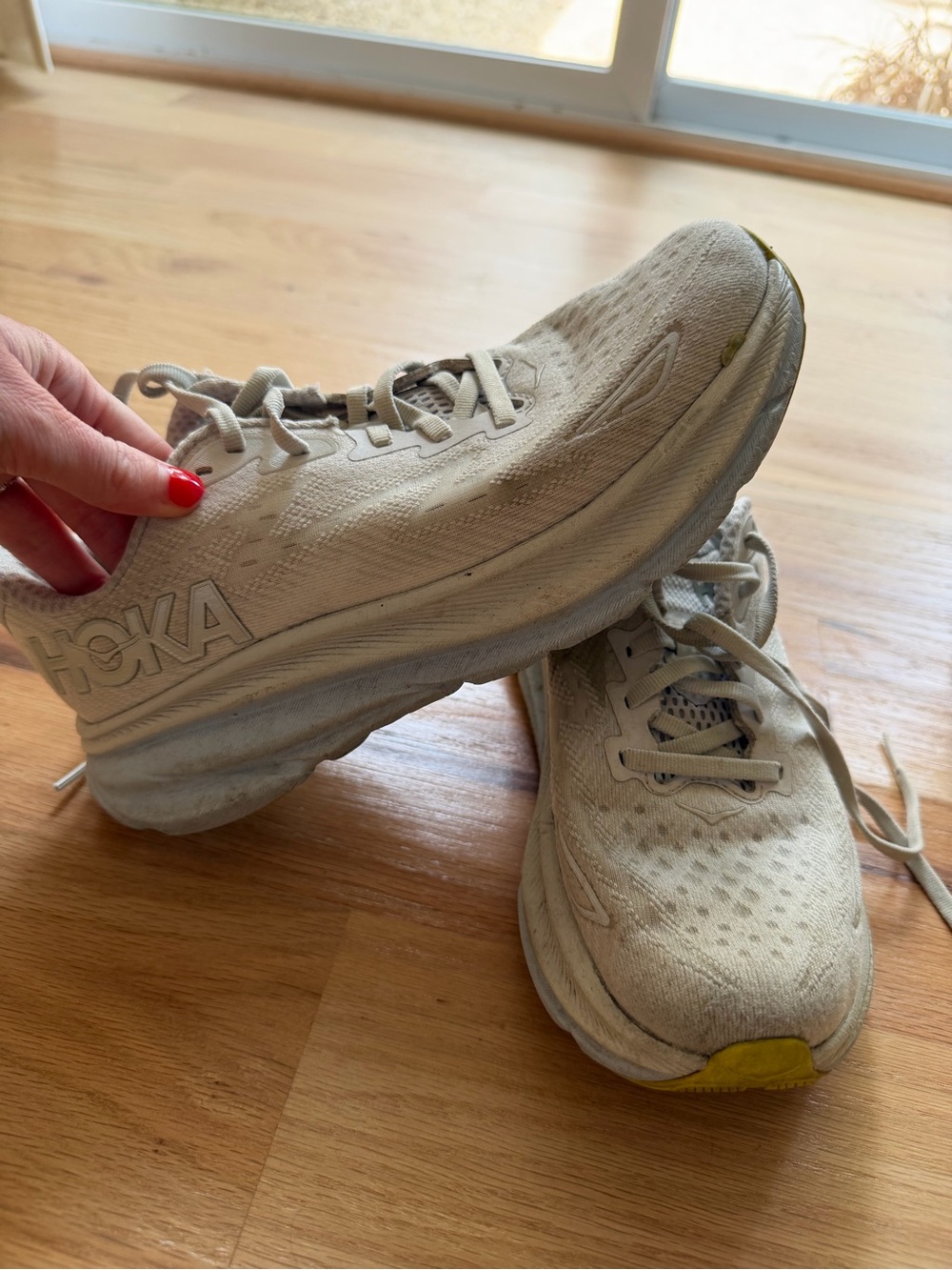 Hoka One One Women's Light Cream Athletic Running Shoes with Yellow Accent